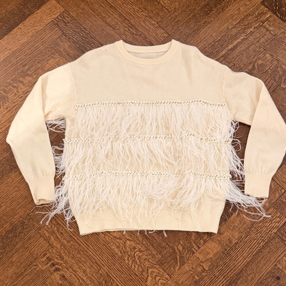 100% cashmere Cream Feather-Embellished Sweater